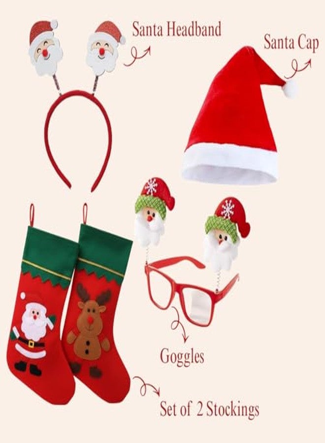 KHUSHA CREATIONS Christmas Accessories Combo Set | Santa Cap, Santa Headband, Santa Goggles & 2 Christmas Stockings | Xmas Party Dress Up Kit for Kids & Adults | Holiday Decoration & Santa Costume Props - Image 3